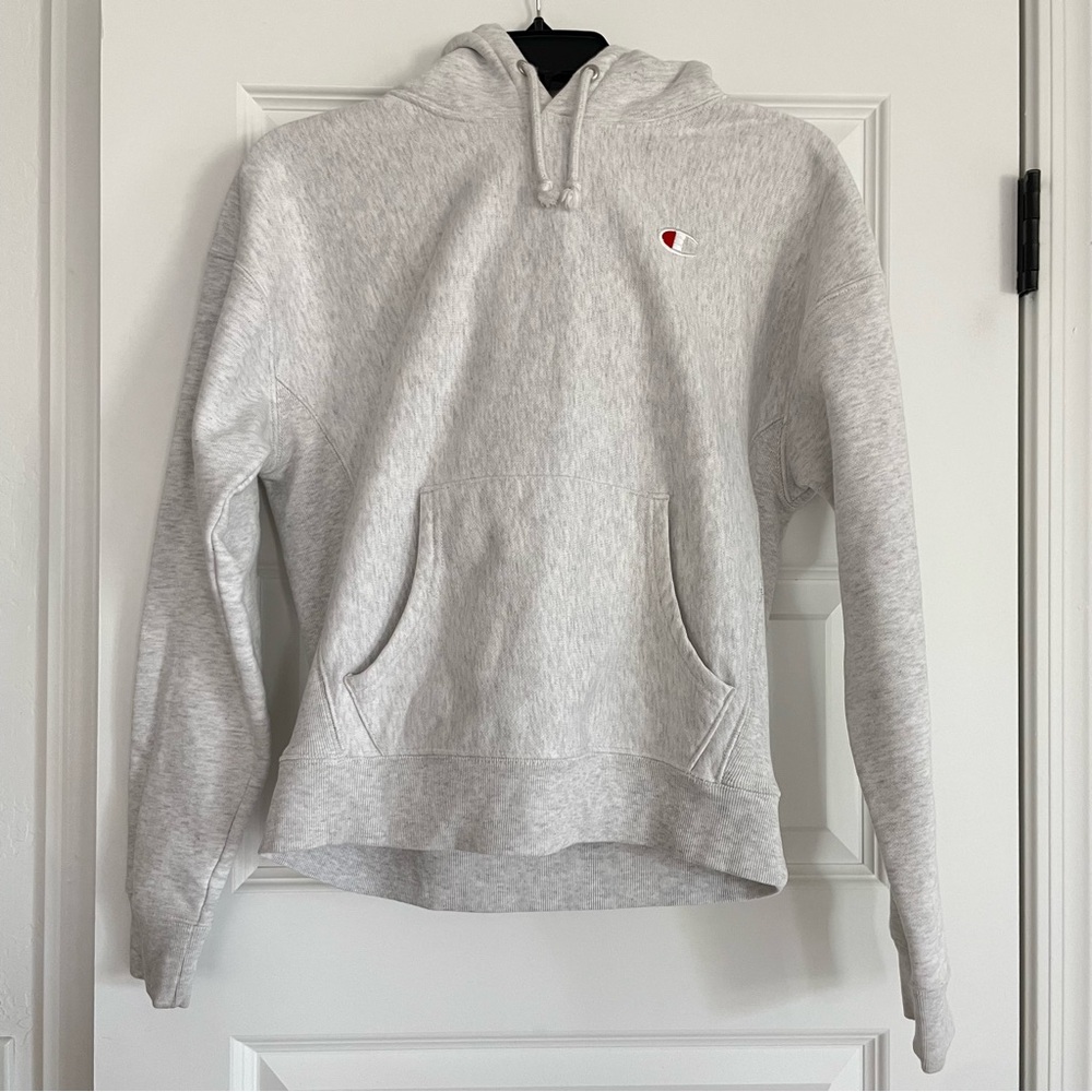 Champion Heather Gray Reverse Weave Hoodie with Small Chest Logo